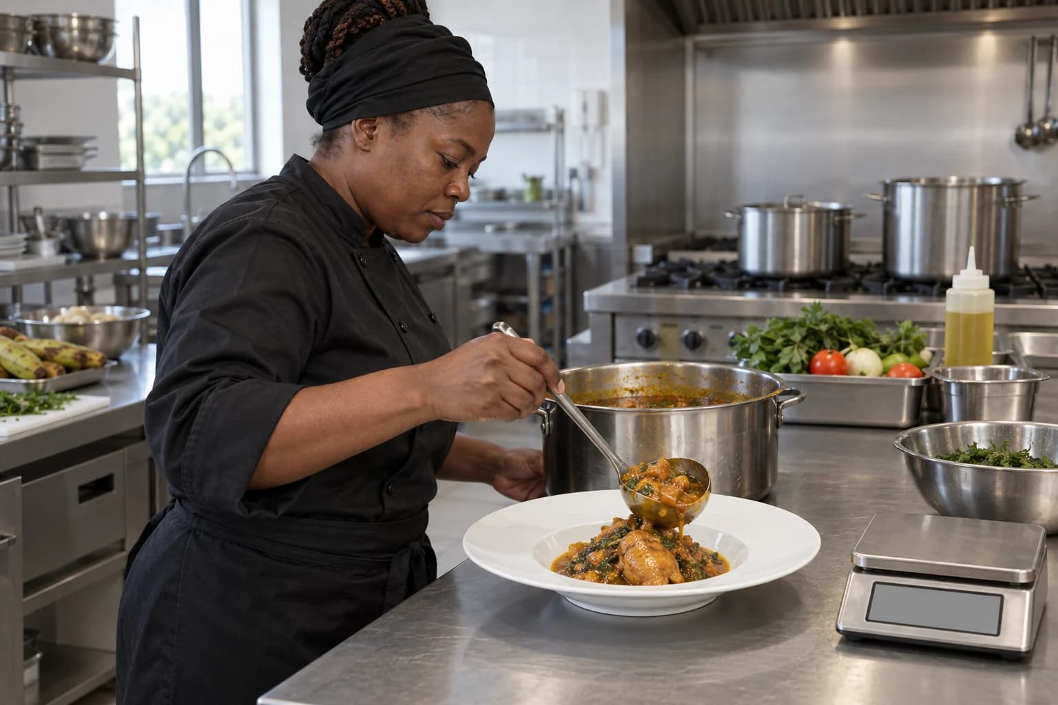 Cozinheira a servir uma dose de muamba de galinha ao lado da balança
